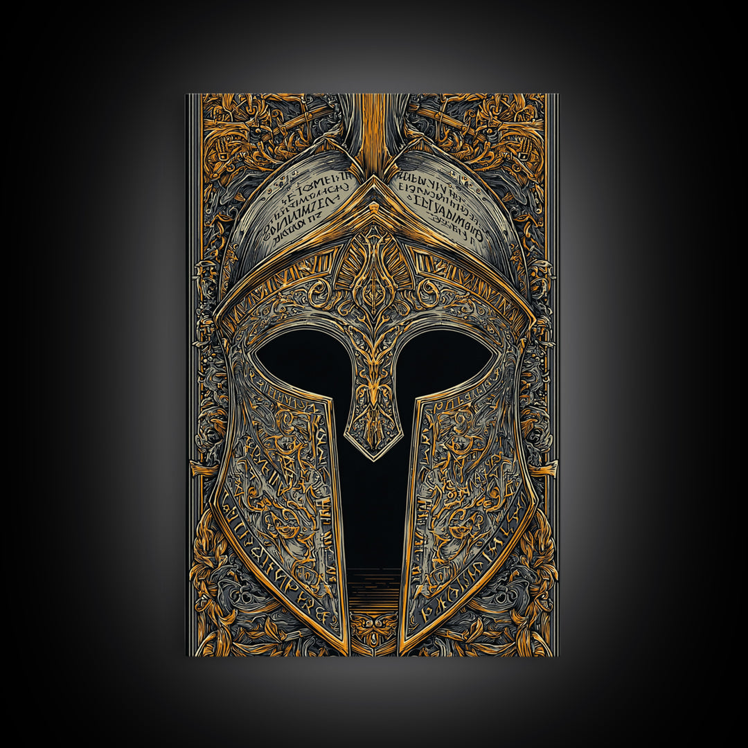 Ornate Spartan Helmet Detail with Inscriptions – Canvas Gold Art for Wall, Classical Armor Canvas Art, Greek Warrior Decor