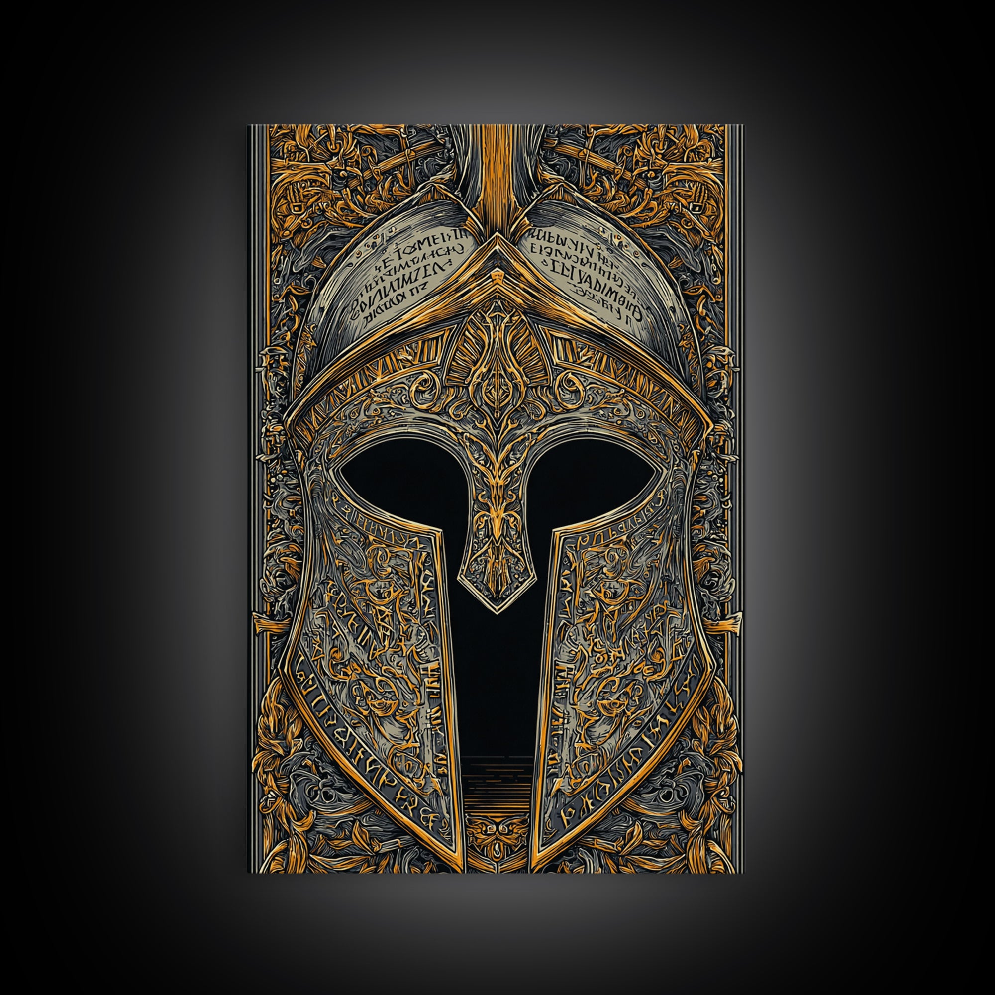 Ornate Spartan Helmet Detail with Inscriptions – Canvas Gold Art for Wall, Classical Armor Canvas Art, Greek Warrior Decor