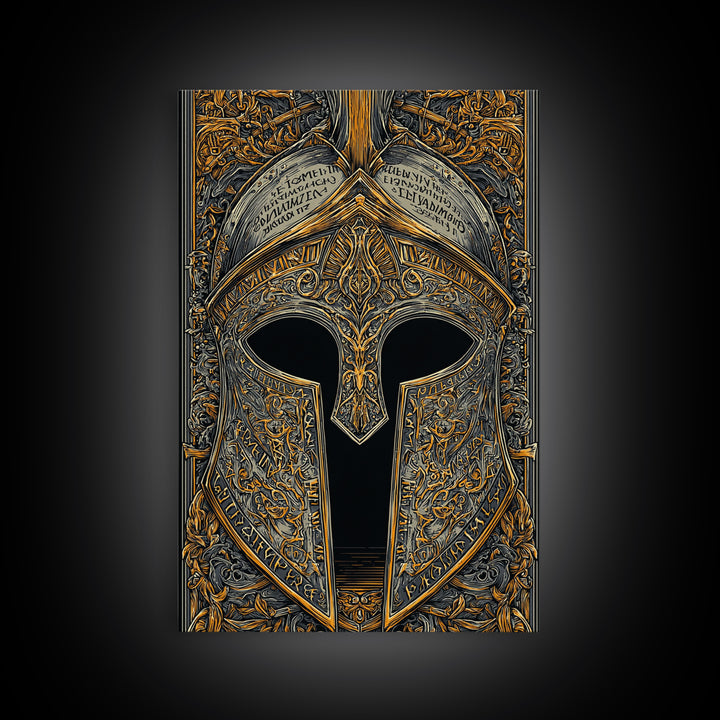 Ornate Spartan Helmet Detail with Inscriptions – Canvas Gold Art for Wall, Classical Armor Canvas Art, Greek Warrior Decor