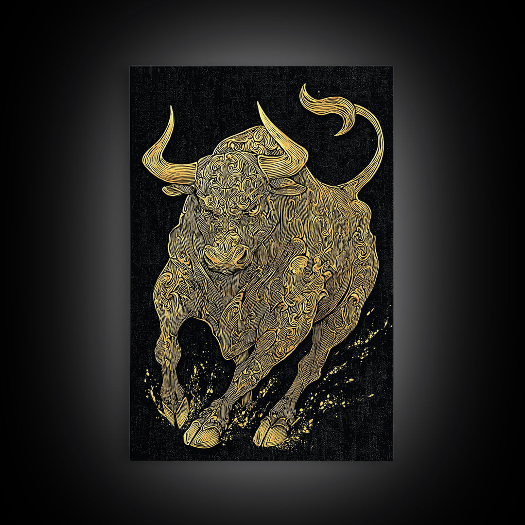 Ornate Bull Canvas Gold Canvas Print, Framed Canvas Wall Art with Real Wood Frame, Decorative Swirl Pattern Animal Gallery Decor