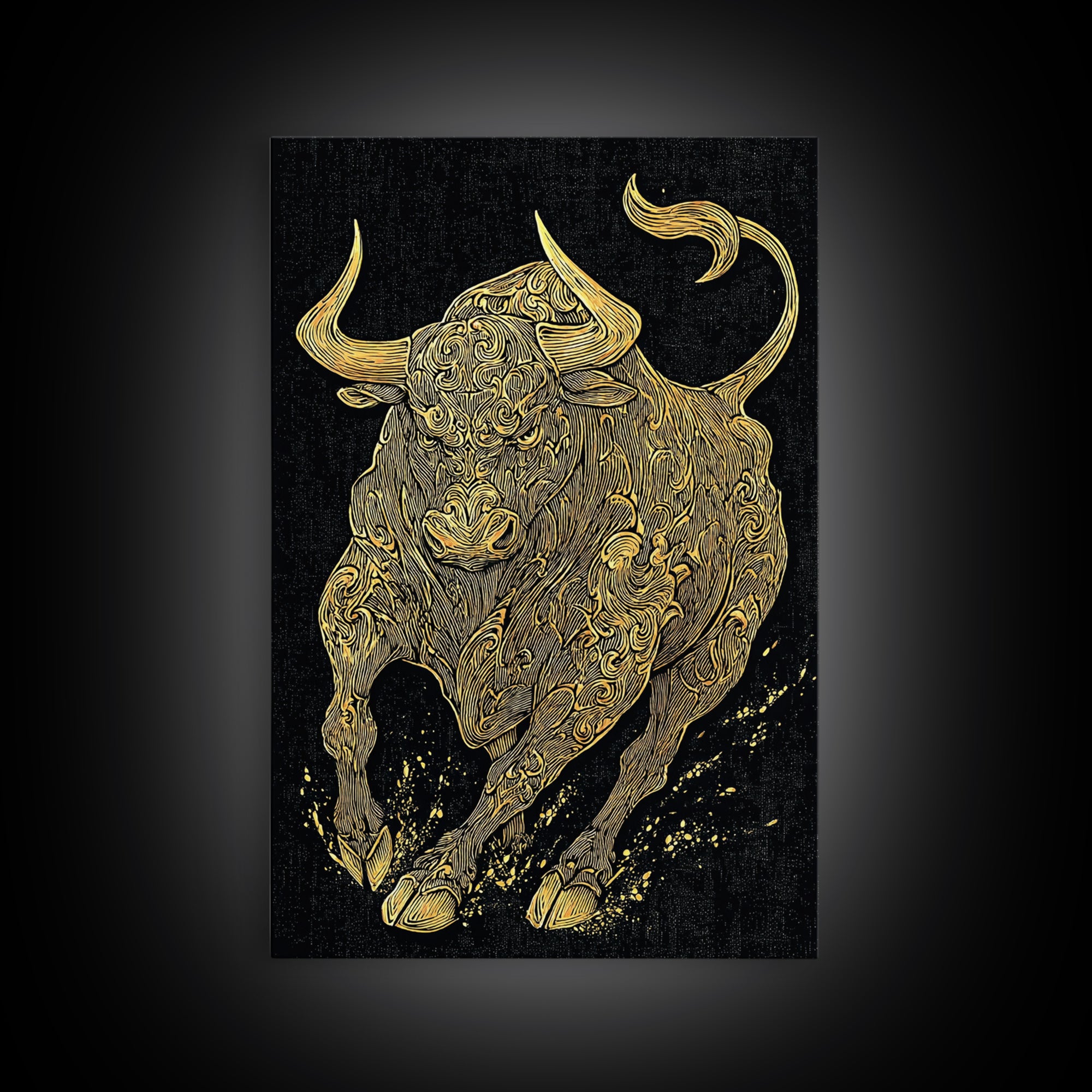 Ornate Bull Canvas Gold Canvas Print, Framed Canvas Wall Art with Real Wood Frame, Decorative Swirl Pattern Animal Gallery Decor