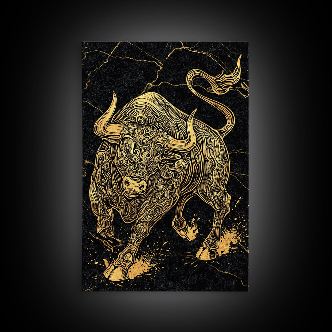 Ornate Bull Canvas Gold Canvas Print, Framed Canvas Wall Art with Real Wood Frame, Black and Gold Animal Decor for Luxury Home