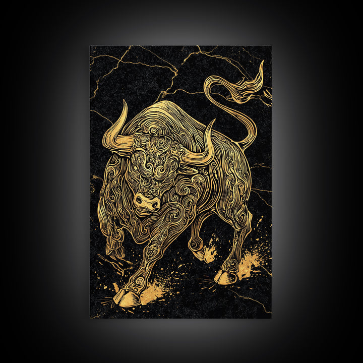 Ornate Bull Canvas Gold Canvas Print, Framed Canvas Wall Art with Real Wood Frame, Black and Gold Animal Decor for Luxury Home