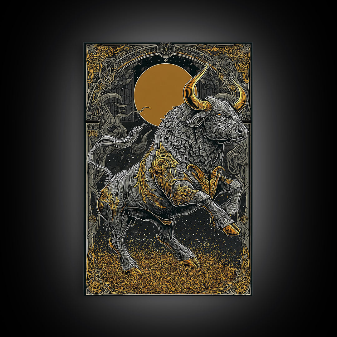 Regal Bull Canvas Gold Canvas Print, Framed Canvas Wall Art with Real Wood Frame, Mythic Black and Gold Zodiac Decor for Gallery