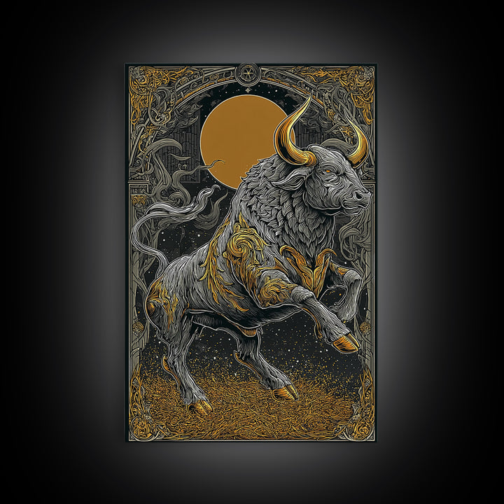 Regal Bull Canvas Gold Canvas Print, Framed Canvas Wall Art with Real Wood Frame, Mythic Black and Gold Zodiac Decor for Gallery
