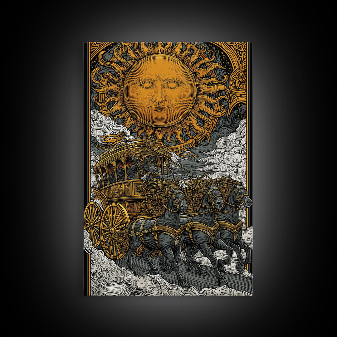 Sun Chariot Canvas Gold Canvas Print, Framed Canvas Wall Art with Real Wood Frame, Greek Myth Apollo Horses Statement Decor
