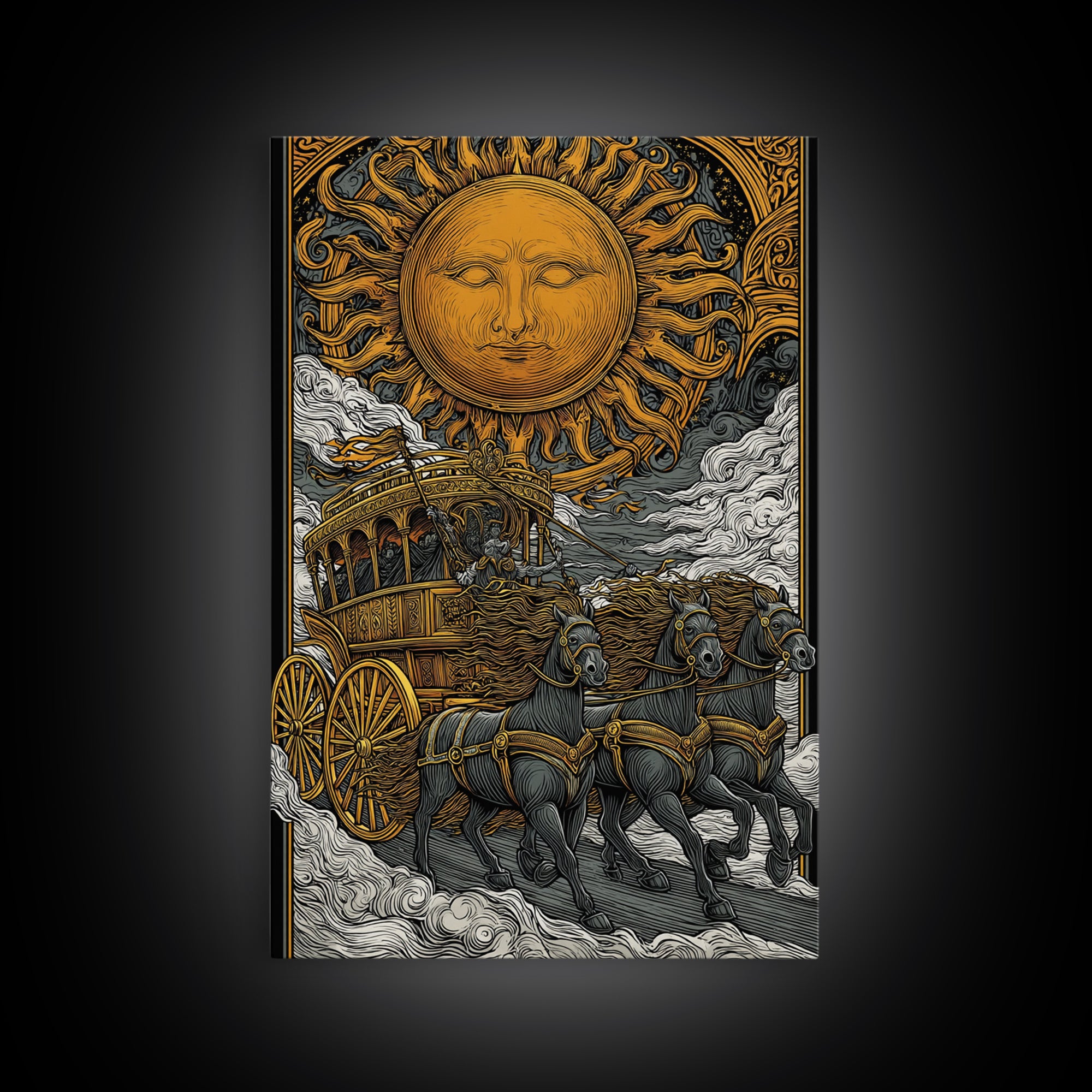 Sun Chariot Canvas Gold Canvas Print, Framed Canvas Wall Art with Real Wood Frame, Greek Myth Apollo Horses Statement Decor
