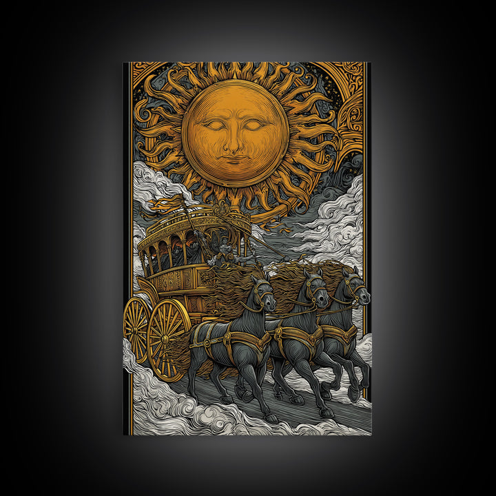 Sun Chariot Canvas Gold Canvas Print, Framed Canvas Wall Art with Real Wood Frame, Greek Myth Apollo Horses Statement Decor