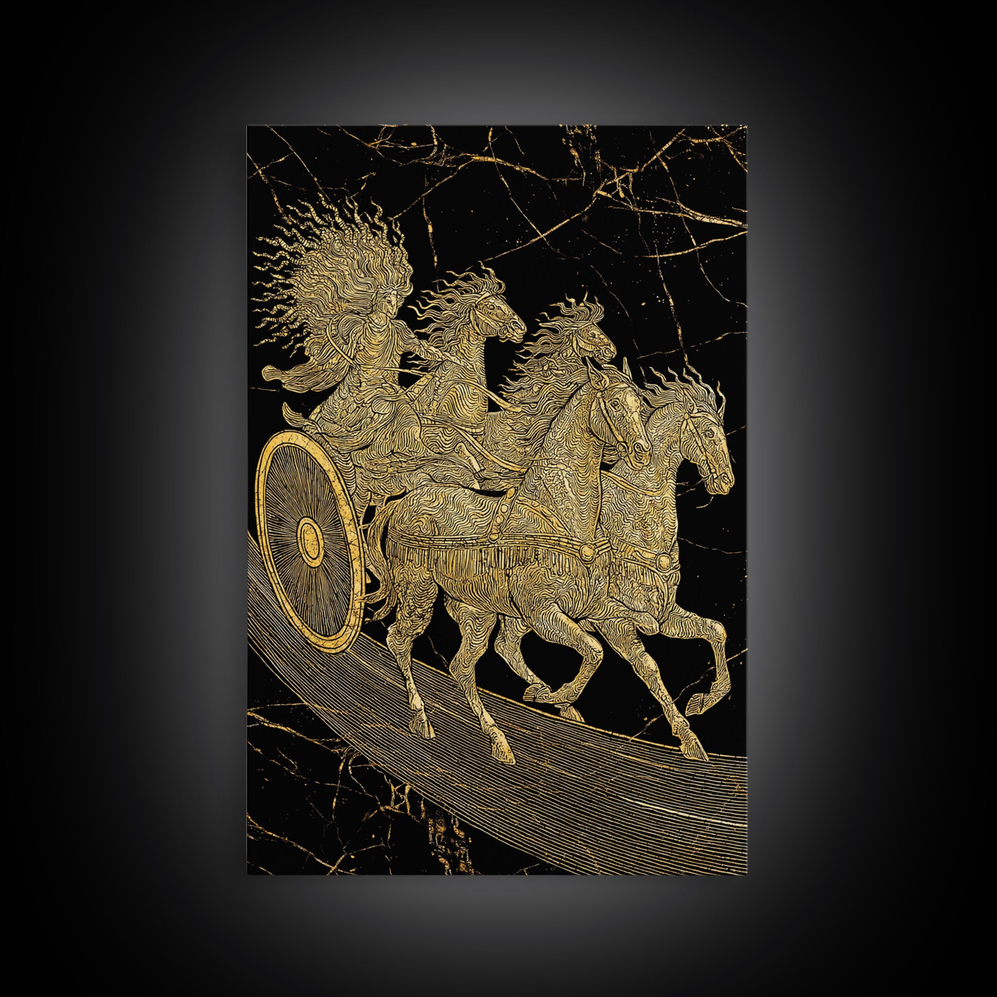 Golden Chariot Canvas Gold Art, Framed Canvas Wall Art with Real Wood Frame, Classical Black and Gold Greek Myth Horse Decor