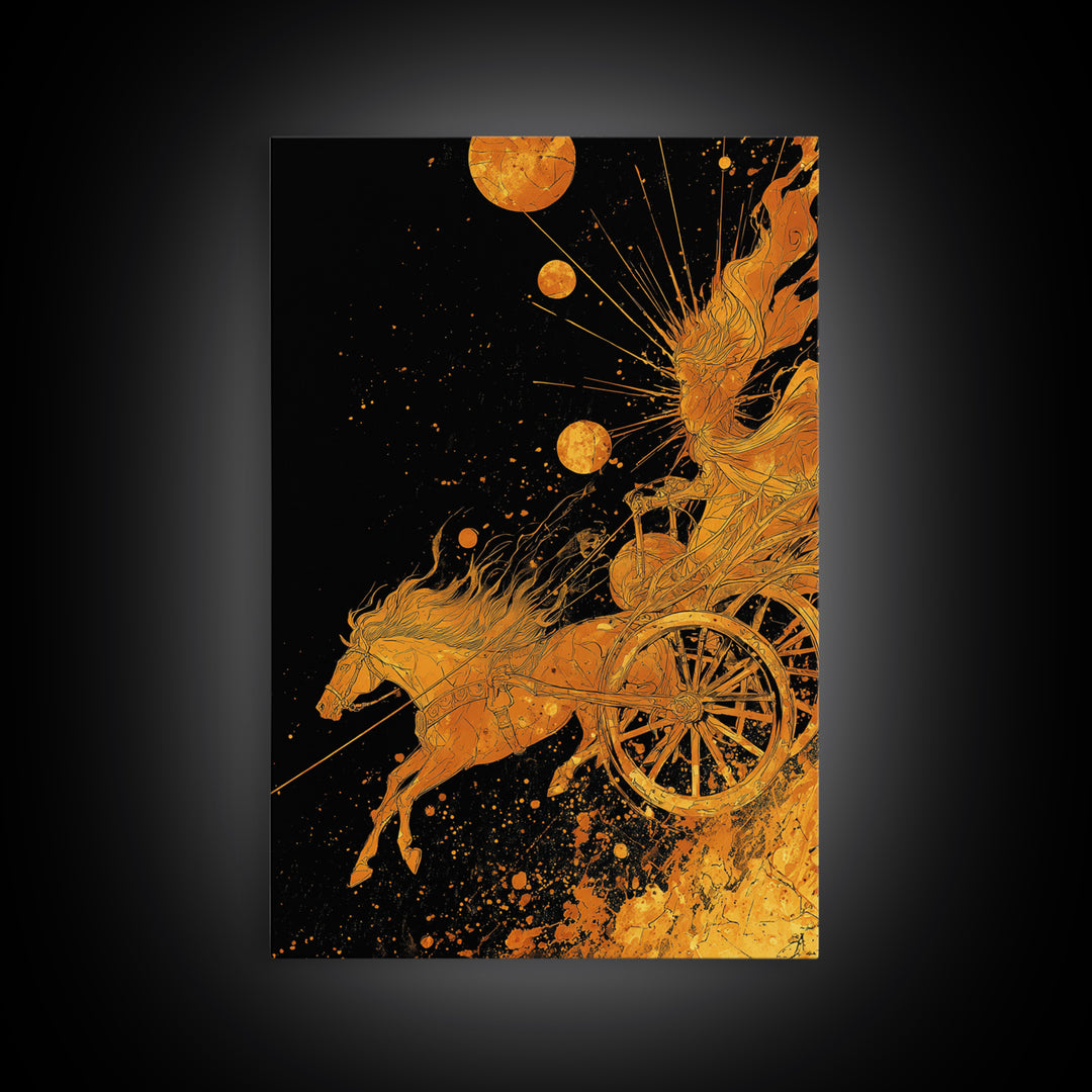 Celestial Chariot Canvas Gold Art, Framed Canvas Wall Art with Real Wood Frame, Radiant Greek Myth Sun and Horse Wall Decor