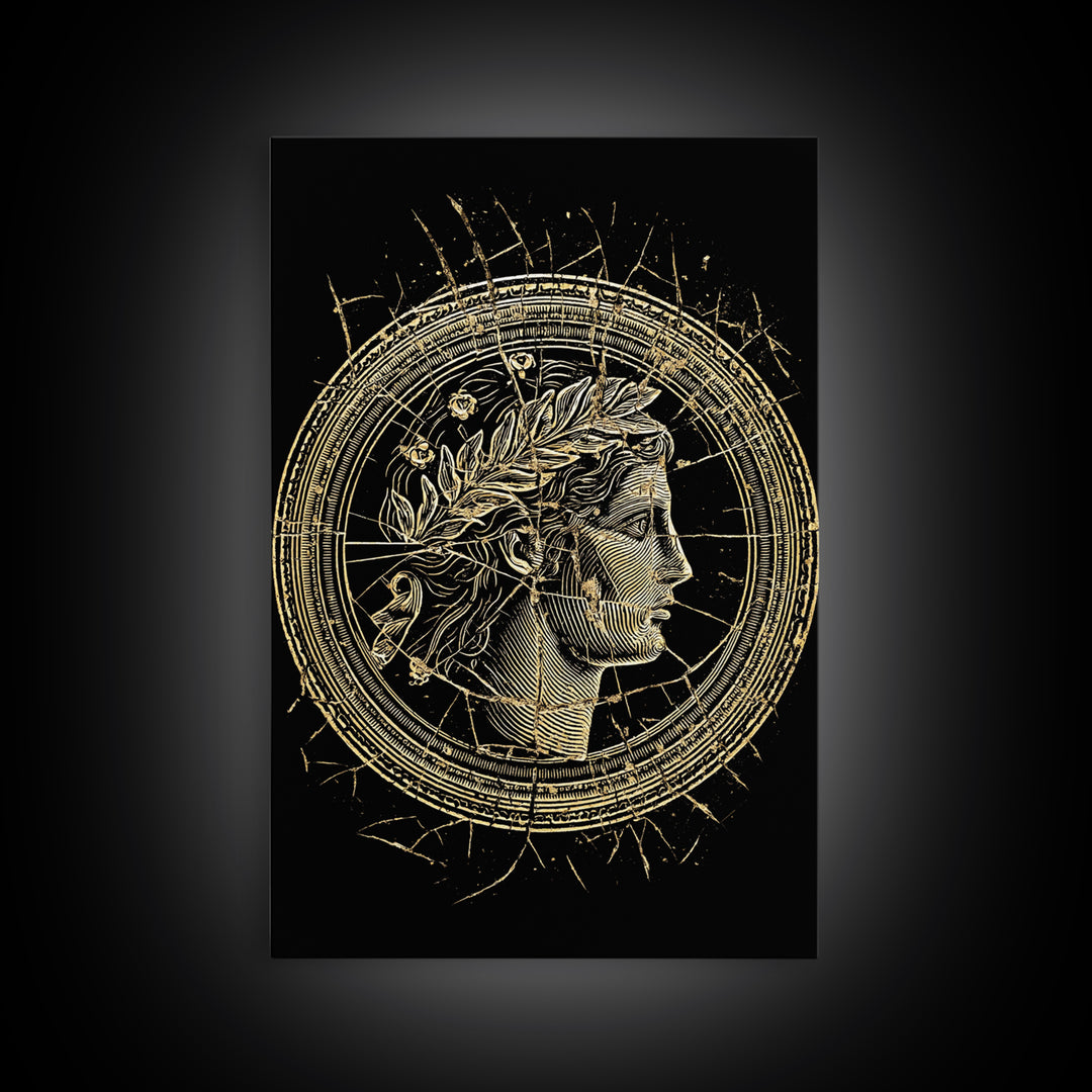 Greek Coin Profile Canvas Gold Canvas Print, Framed Canvas Wall Art with Real Wood Frame, Black and Gold Classical Portrait Decor