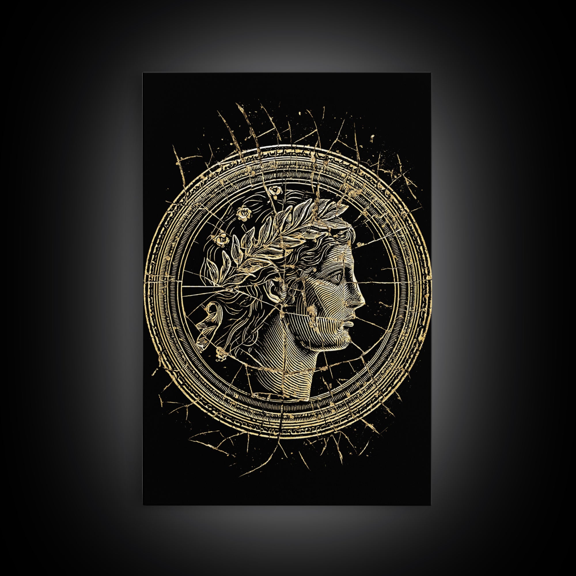Greek Coin Profile Canvas Gold Canvas Print, Framed Canvas Wall Art with Real Wood Frame, Black and Gold Classical Portrait Decor