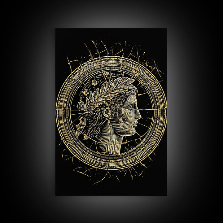 Greek Coin Profile Canvas Gold Canvas Print, Framed Canvas Wall Art with Real Wood Frame, Black and Gold Classical Portrait Decor