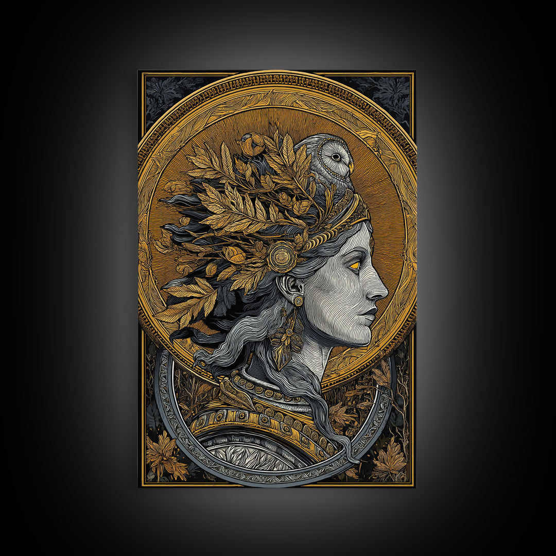 Athena Portrait Canvas Gold Canvas Print, Framed Canvas Wall Art with Real Wood Frame, Greek Goddess with Owl Luxury Home Decor