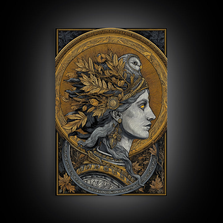 Athena Portrait Canvas Gold Canvas Print, Framed Canvas Wall Art with Real Wood Frame, Greek Goddess with Owl Luxury Home Decor
