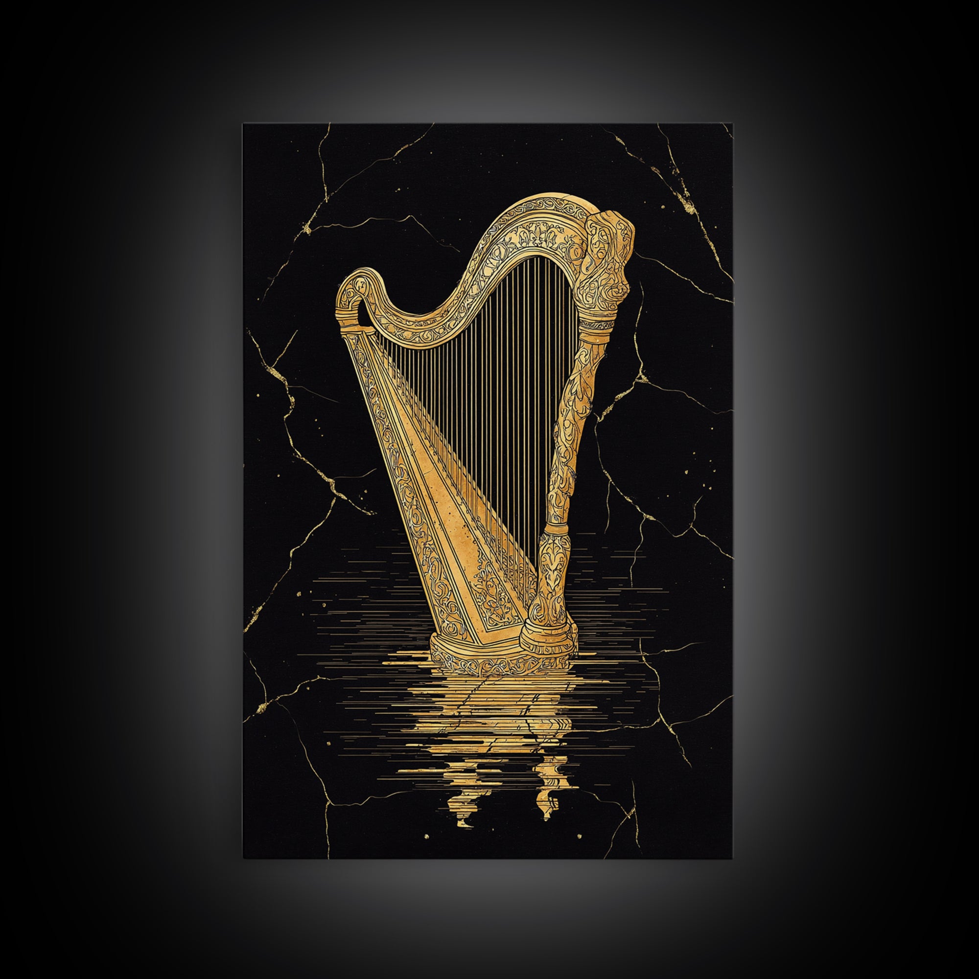 Golden Harp Canvas Gold Canvas Print, Framed Canvas Wall Art with Real Wood Frame, Black and Gold Classical Instrument Decor