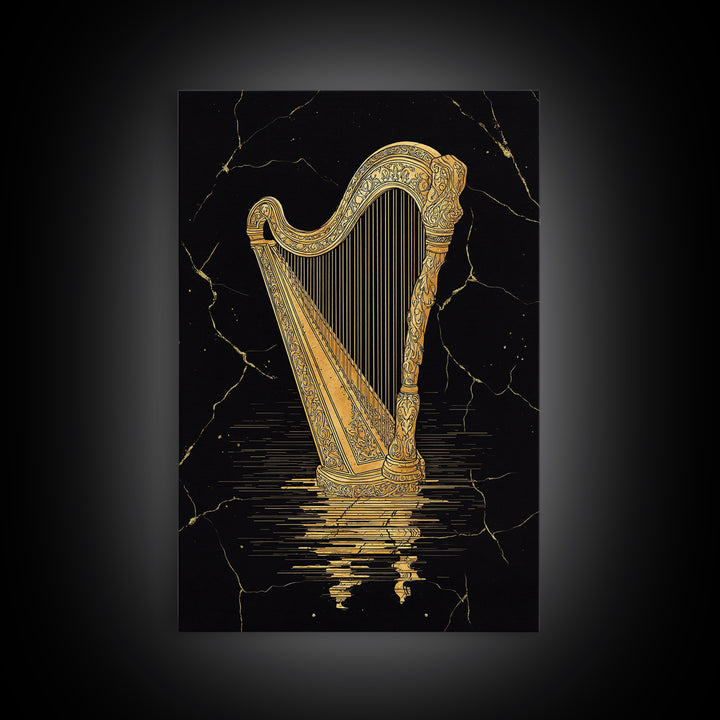 Golden Harp Canvas Gold Canvas Print, Framed Canvas Wall Art with Real Wood Frame, Black and Gold Classical Instrument Decor