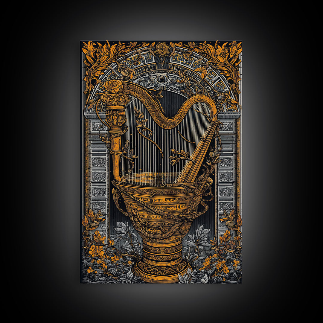 Ornate Harp Canvas Gold Art, Framed Canvas Wall Art with Real Wood Frame, Black and Gold Botanical Classical Music Wall Decor