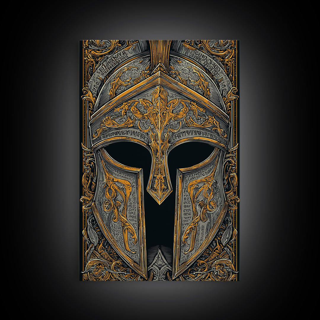 Floral-Engraved Spartan Helmet in Gold – Canvas Gold Art, Antique Armor Canvas Art, Greek Warrior Wall Sculpture Print