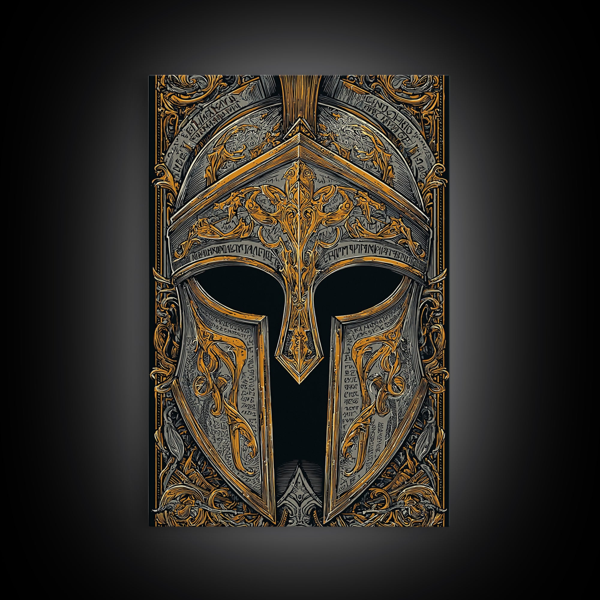 Floral-Engraved Spartan Helmet in Gold – Canvas Gold Art, Antique Armor Canvas Art, Greek Warrior Wall Sculpture Print