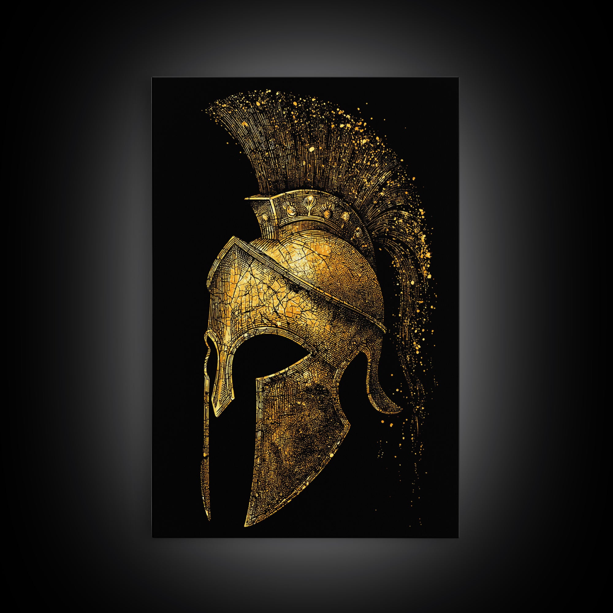 Spartan Helmet Canvas Gold Canvas Print, Framed Canvas Wall Art with Real Wood Frame, Black and Gold Greek Warrior Decor
