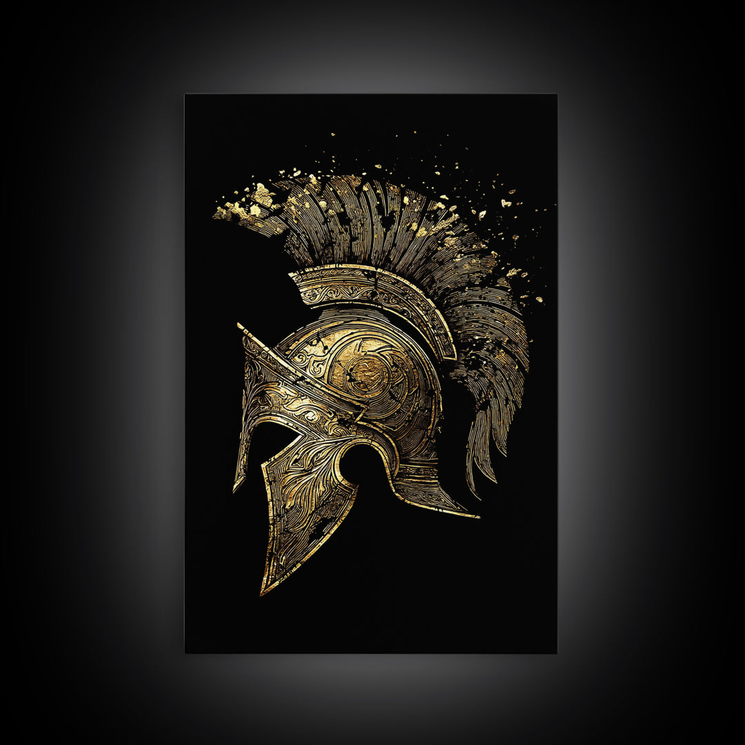 Spartan Helmet Canvas Gold Canvas Print – Ancient Warrior Art on Premium Canvas with Real Wood Frame – Greek History Wall Decor