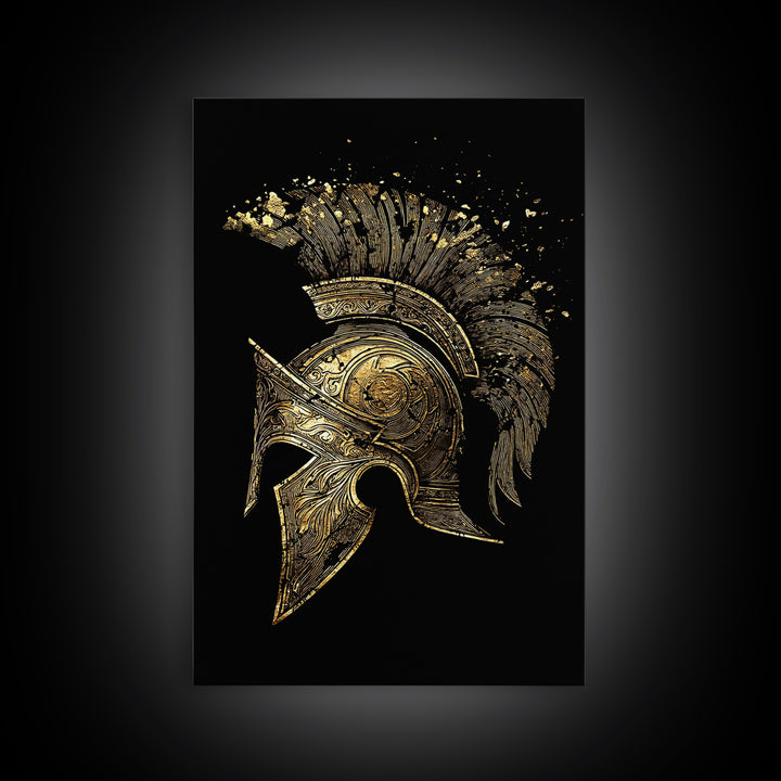 Spartan Helmet Canvas Gold Canvas Print – Ancient Warrior Art on Premium Canvas with Real Wood Frame – Greek History Wall Decor