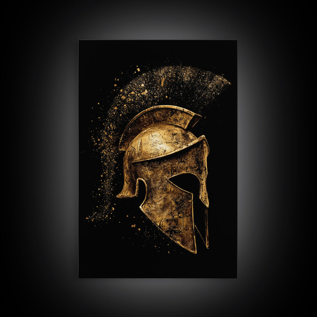 Greek Warrior Helmet Canvas Gold Canvas Print – Ancient Sparta Wall Art with Real Wood Frame – Bold Historical Home Decor