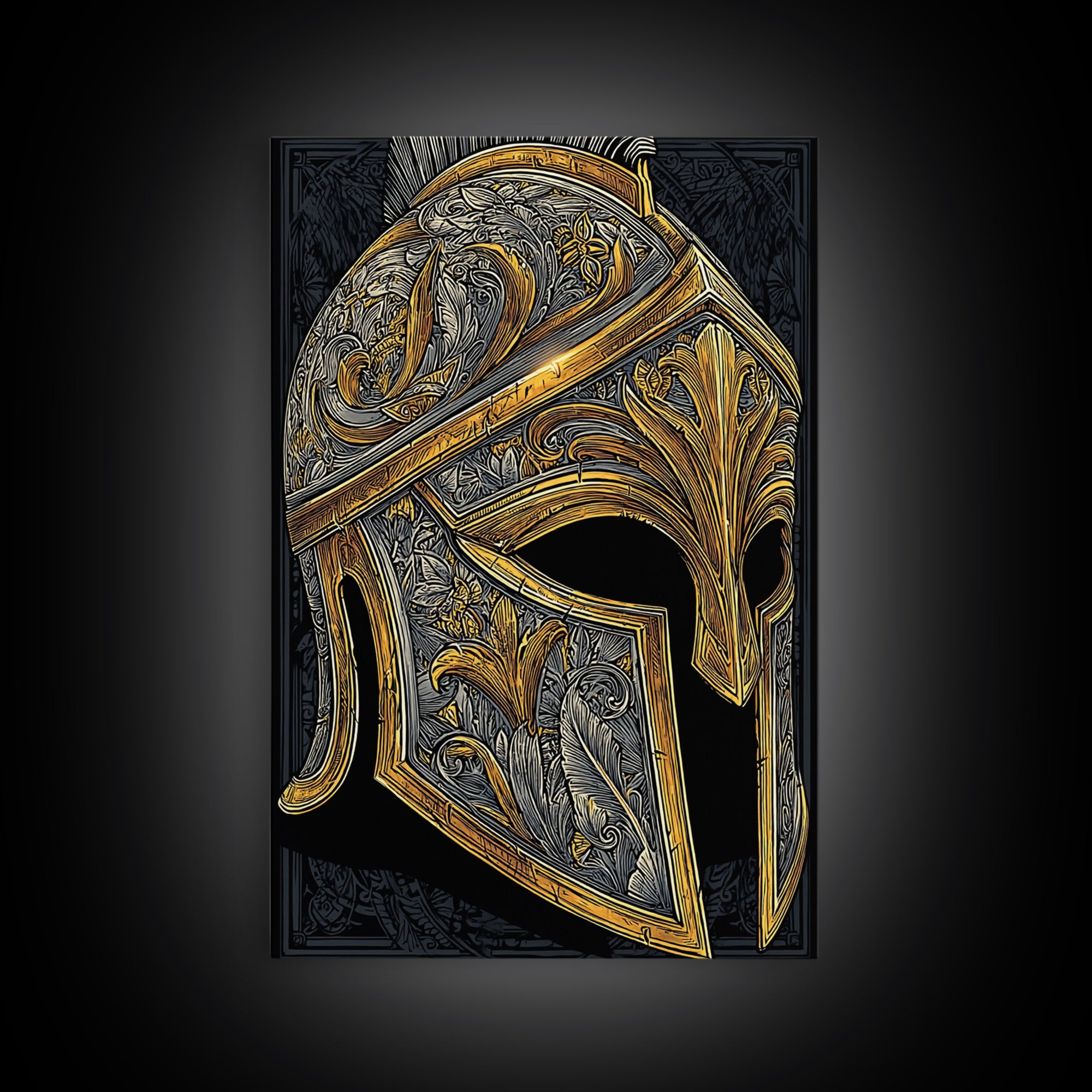 Ornate Spartan Helmet Canvas Gold Art – Intricate Ancient Warrior Wall Print on Canvas with Real Wood Frame – Greek Decor