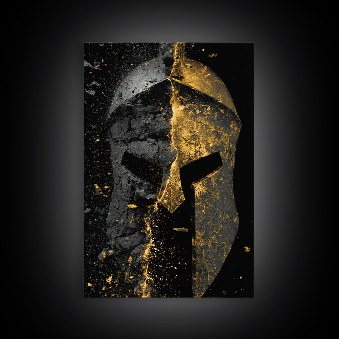 Shattered Spartan Helmet Canvas Gold Canvas Print – Half Black Rock Half Gold Warrior Art – Real Wood Frame Home Wall Decor