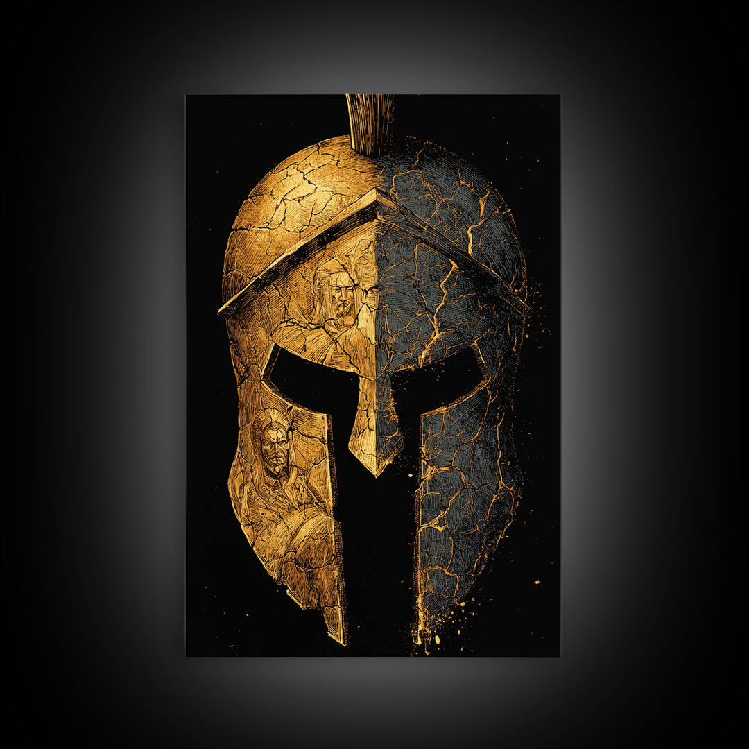Cracked Warrior Helmet Canvas Gold Art – Ancient Greek Sparta Wall Canvas Print with Real Wood Frame – Bold Home Decor