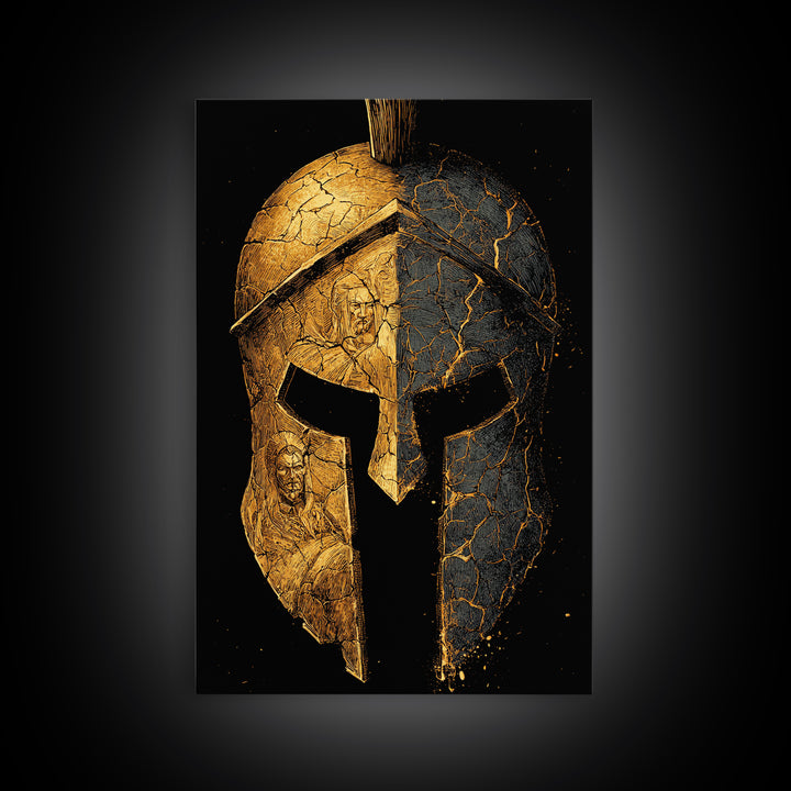 Cracked Warrior Helmet Canvas Gold Art – Ancient Greek Sparta Wall Canvas Print with Real Wood Frame – Bold Home Decor