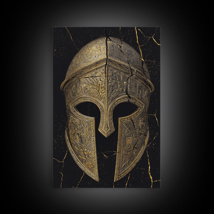 Detailed Spartan Helmet Canvas Gold Canvas Print – Engraved Greek History Art with Real Wood Frame – Warrior Wall Decor