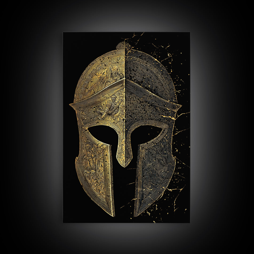 Historic Greek Helmet Canvas Gold Art – Ancient Battle Warrior Wall Canvas Print with Real Wood Frame – Museum Quality Decor