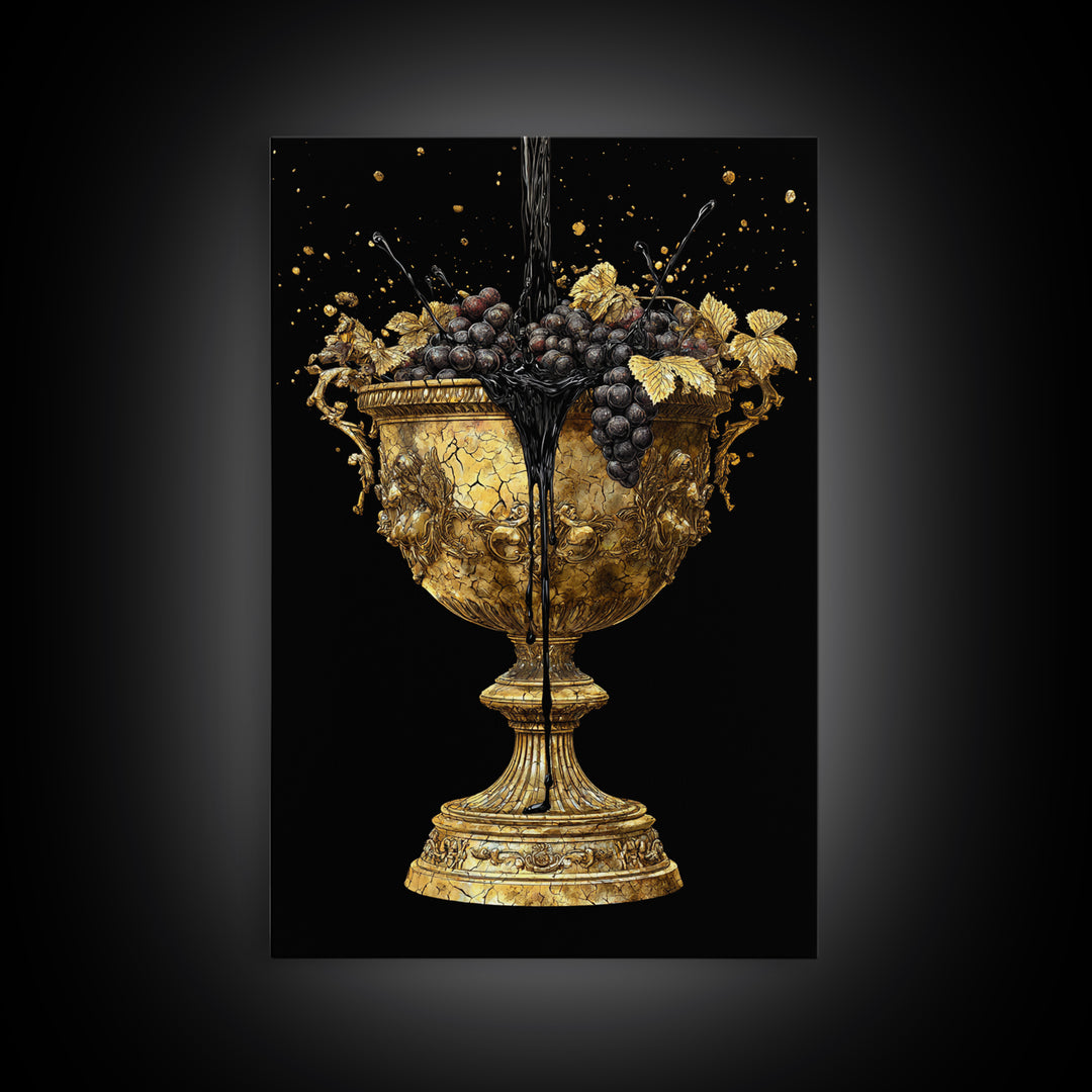 Luxurious Golden Chalice Canvas Gold Canvas Print – Grapes & Wine Still Life Wall Art with Real Wood Frame – Elegant Kitchen Decor