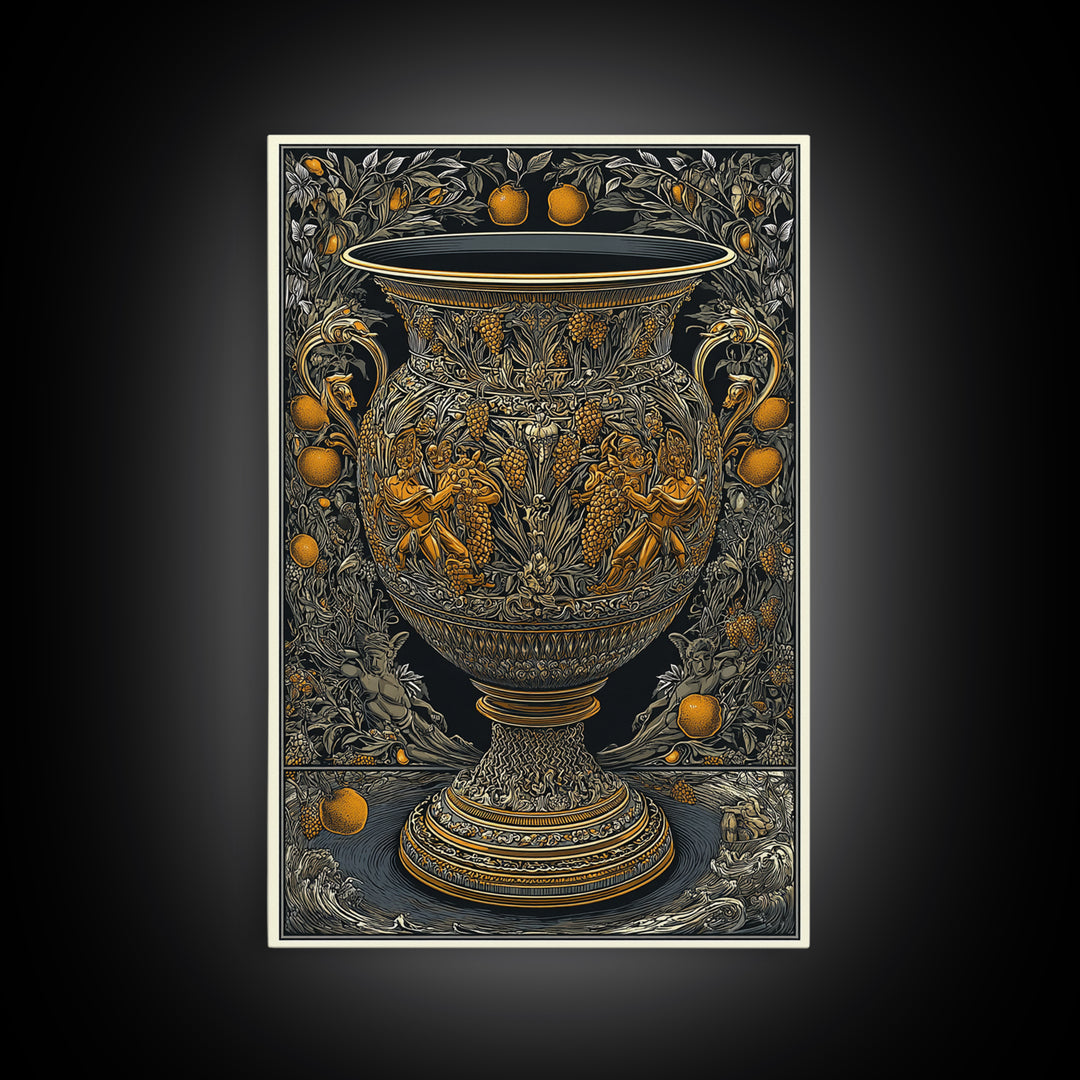 Ornate Golden Vase Canvas Gold Art – Greek Mythology & Nature Scene Wall Canvas Print with Real Wood Frame – Classic Decor