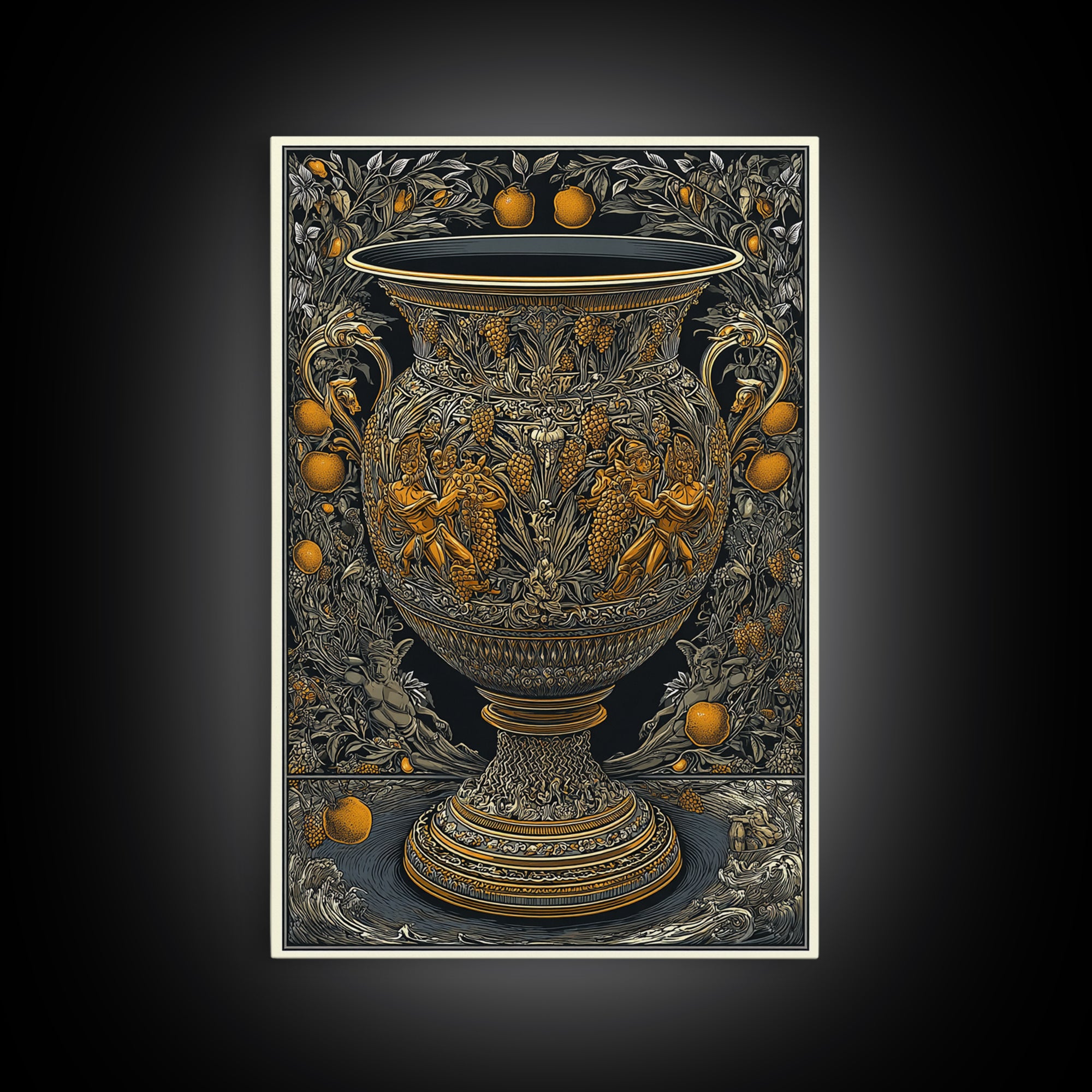 Ornate Golden Vase Canvas Gold Art – Greek Mythology & Nature Scene Wall Canvas Print with Real Wood Frame – Classic Decor