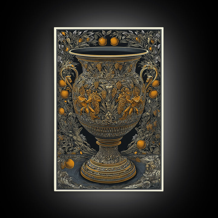 Ornate Golden Vase Canvas Gold Art – Greek Mythology & Nature Scene Wall Canvas Print with Real Wood Frame – Classic Decor