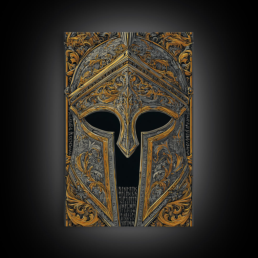 Runic Spartan Helmet with Ornate Gold Carving – Canvas Gold Art, Intricate Ancient Helmet Canvas Art, Mythic Warrior Decor