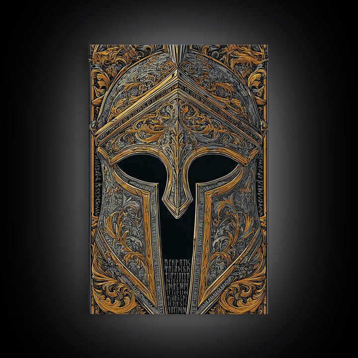 Runic Spartan Helmet with Ornate Gold Carving – Canvas Gold Art, Intricate Ancient Helmet Canvas Art, Mythic Warrior Decor