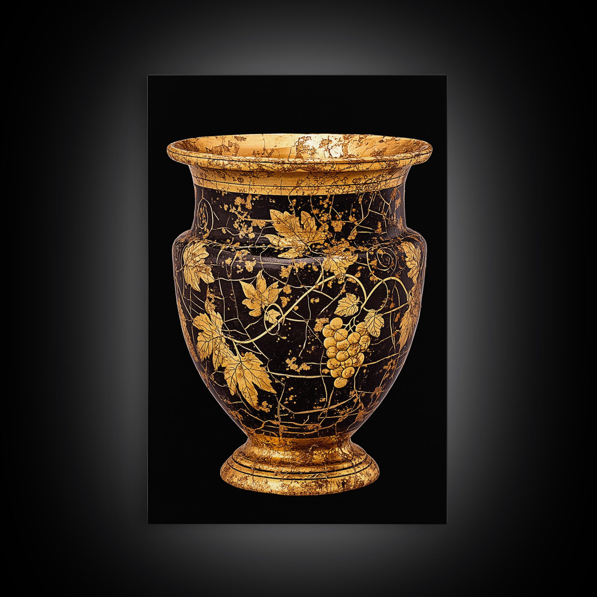 Black & Gold Grape Vase Canvas Gold Canvas Print – Elegant Vine & Wine Themed Wall Art with Real Wood Frame – Modern Classic Decor