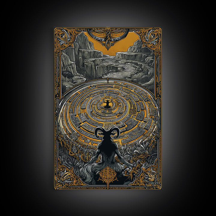Labyrinth Minotaur Fantasy Scene Canvas Gold Canvas Print with Real Wood Frame – Mythology Inspired Wall Art