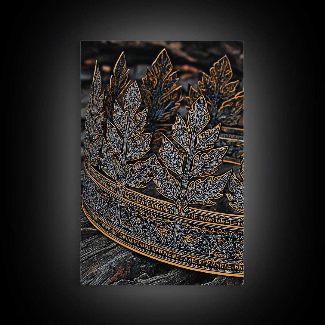 Laurel Leaf Crown Canvas Gold Art Print with Real Wood Frame – Regal Nature-Inspired Decorative Wall Piece