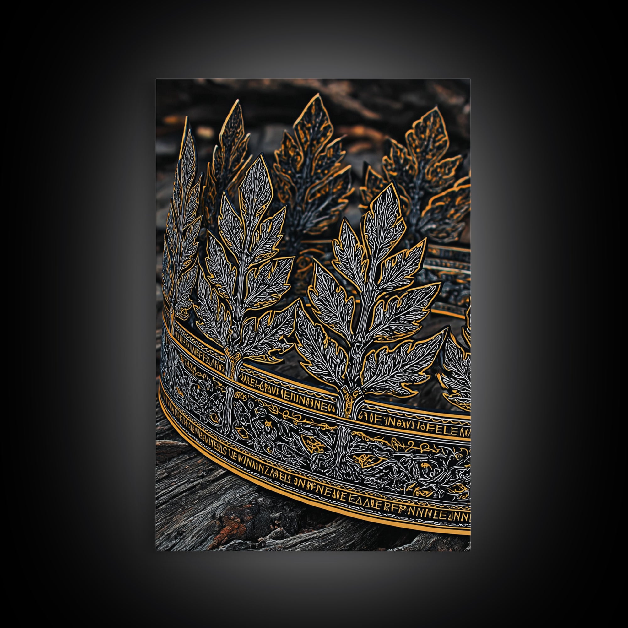 Laurel Leaf Crown Canvas Gold Art Print with Real Wood Frame – Regal Nature-Inspired Decorative Wall Piece