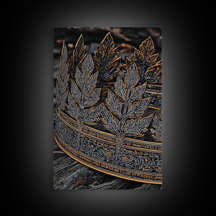 Laurel Leaf Crown Canvas Gold Art Print with Real Wood Frame – Regal Nature-Inspired Decorative Wall Piece