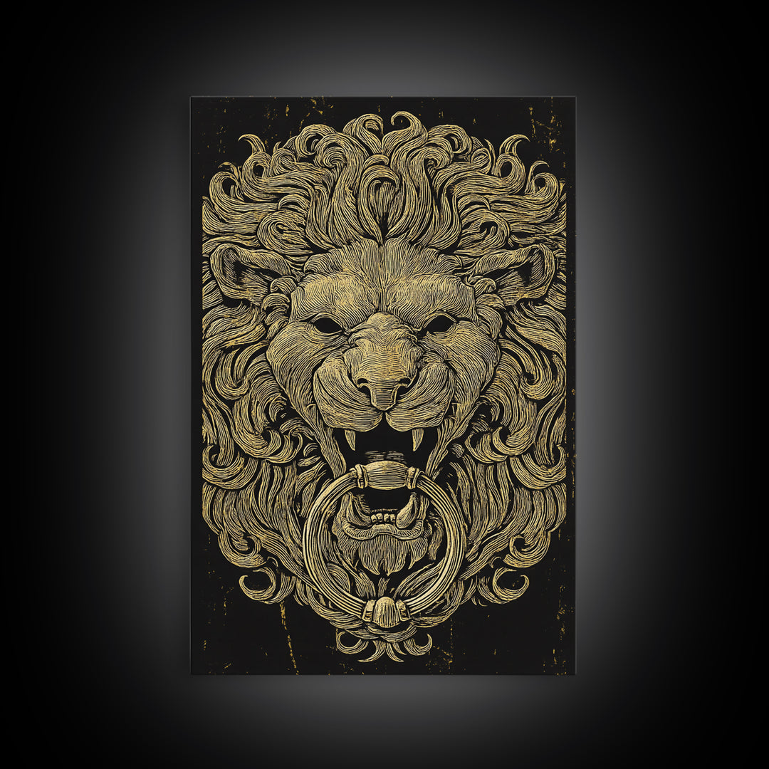 Vintage Lion Head Door Knocker Canvas Gold Canvas Print with Real Wood Frame – Bold Statement Wall Art