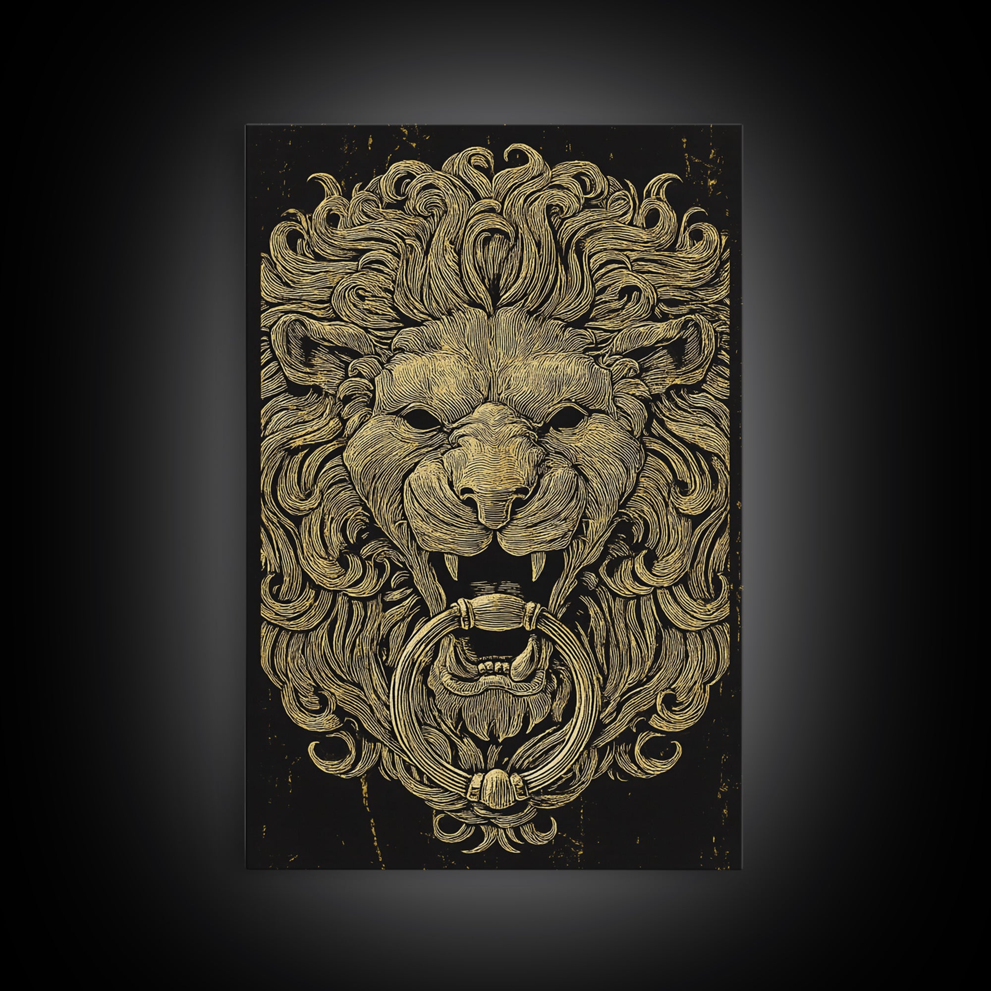 Vintage Lion Head Door Knocker Canvas Gold Canvas Print with Real Wood Frame – Bold Statement Wall Art