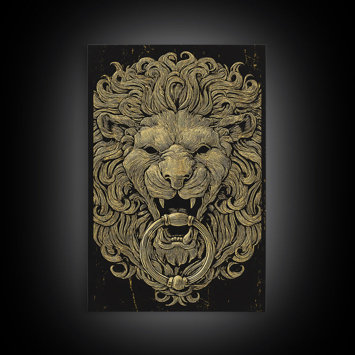 Vintage Lion Head Door Knocker Canvas Gold Canvas Print with Real Wood Frame – Bold Statement Wall Art