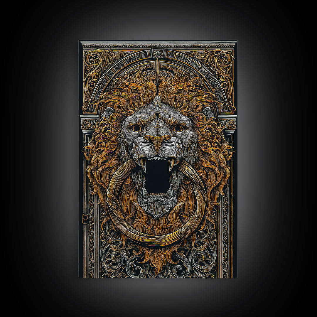 Ornate Lion Door Knocker Canvas Gold Canvas Print with Real Wood Frame – Luxury Victorian Style Wall Decor