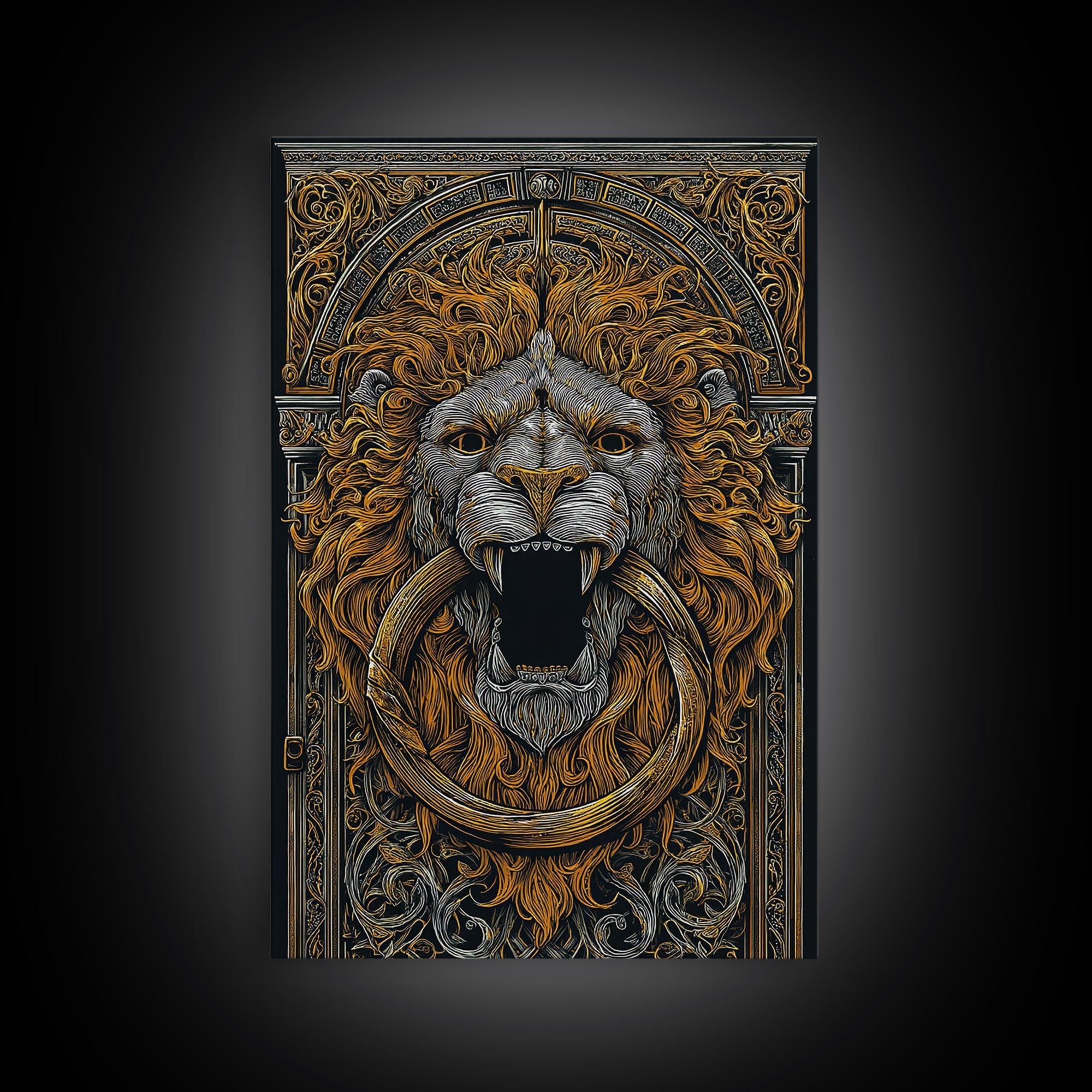 Ornate Lion Door Knocker Canvas Gold Canvas Print with Real Wood Frame – Luxury Victorian Style Wall Decor